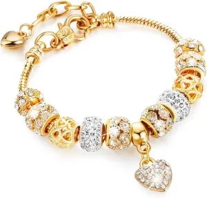 Gold Beads Bracelets Rhinestone Heart Charm Bracelet Luxury Adjustable Bangle for Women