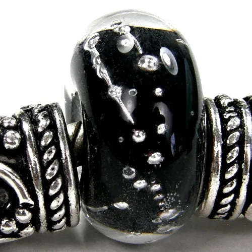 Handmade Large Hole Lampwork Beads, Glass Charm Encased Black Silver Shiny