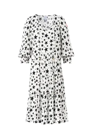 Ivory with Black Star Tie Front Short Dress