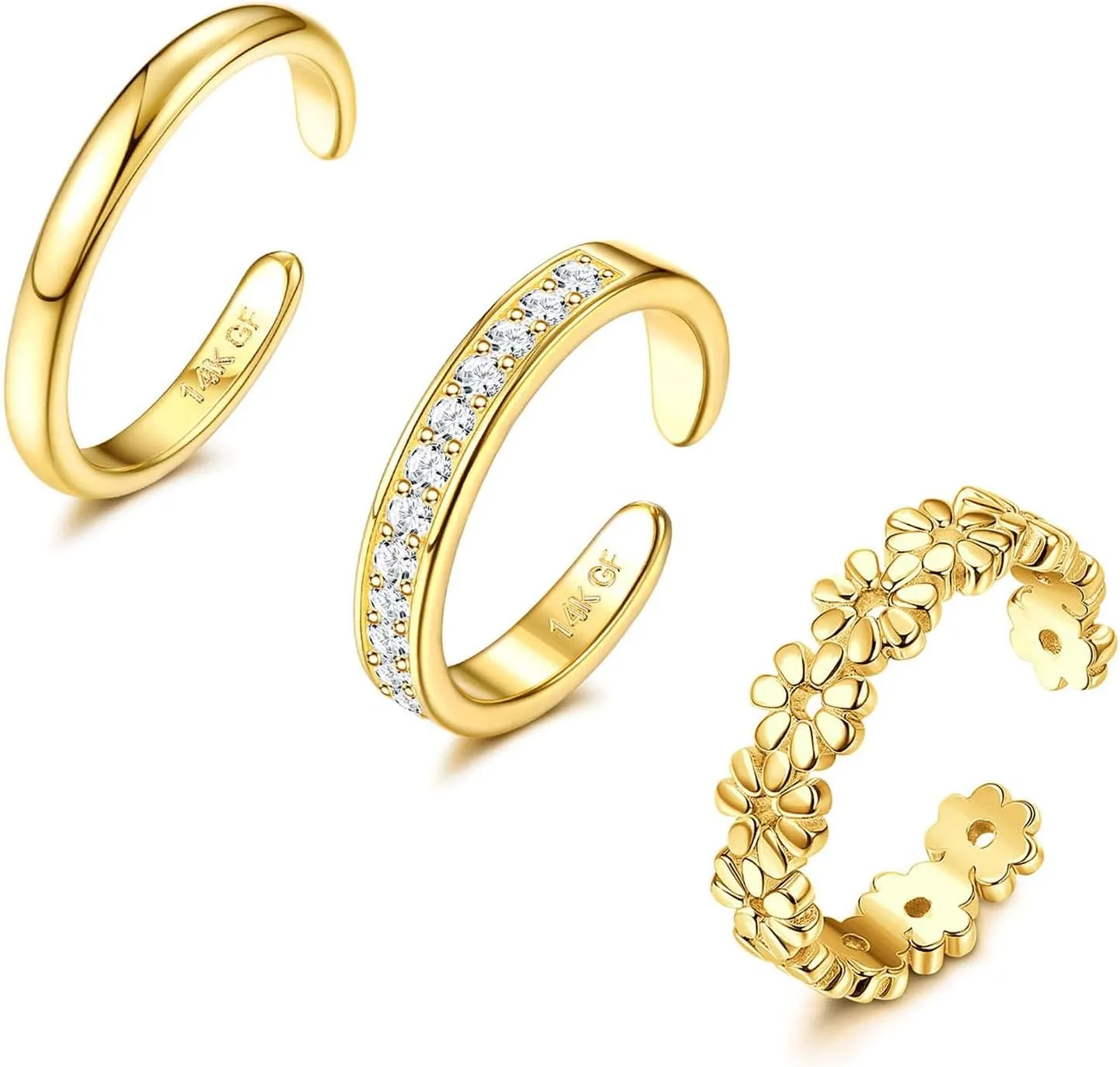 Jstyle 3PCS 14K Gold Filled Toe Rings for Women Adjustable Gold Toe Ring Set Open Band Simple CZ Daisy Flower Toe Rings Hawaiian Summer Beach Foot Jewelry for Women