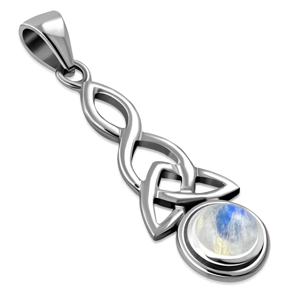 Long Rainbow Moonstone Celtic Trinity Knot Silver Pendant