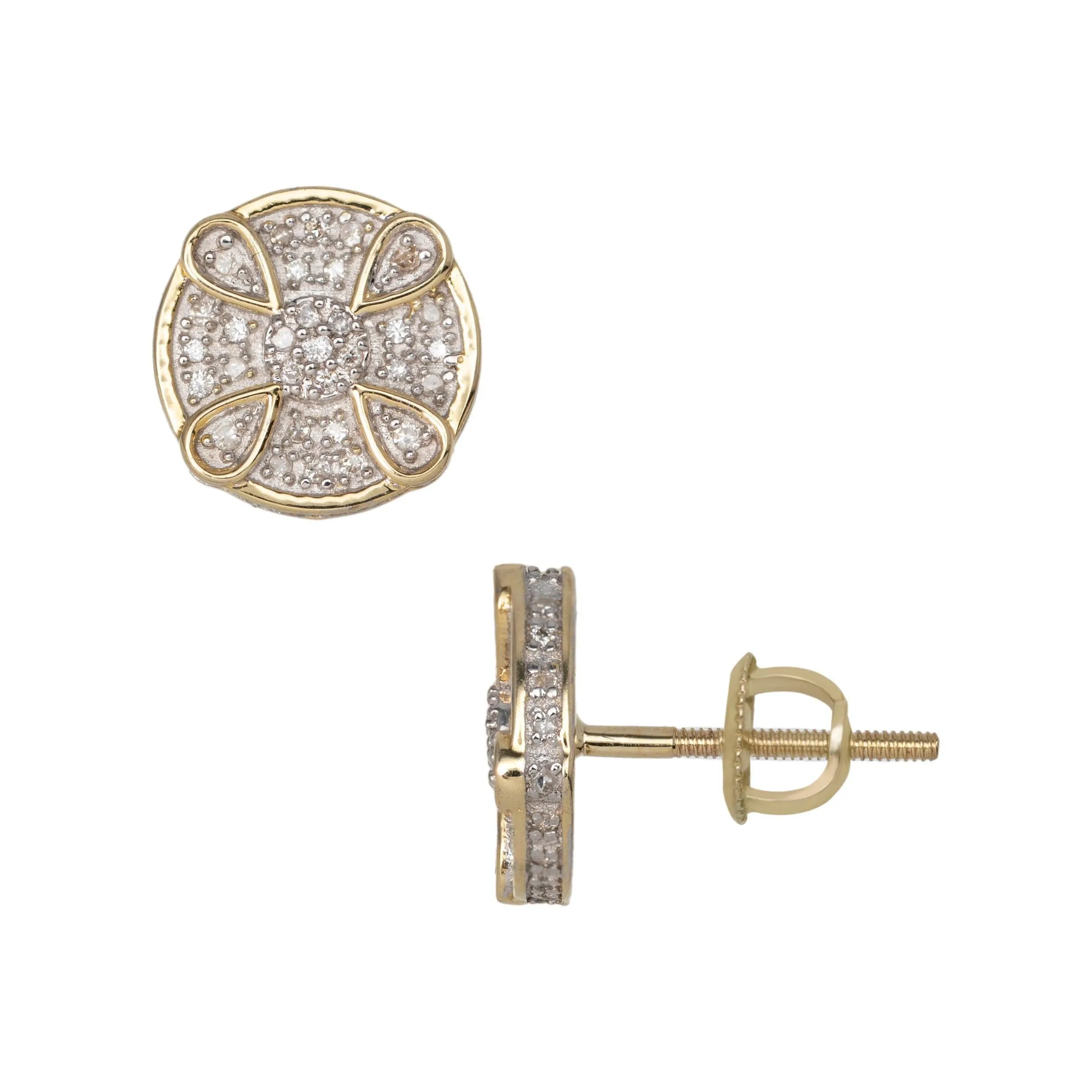 Men's Drop Design Micro-Pavé Round Diamond Stud Earrings 0.32ct 10K Yellow Gold