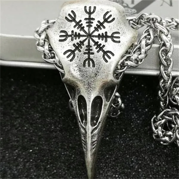 Metal Viking Helm of Awe Raven skull Pendant Necklace