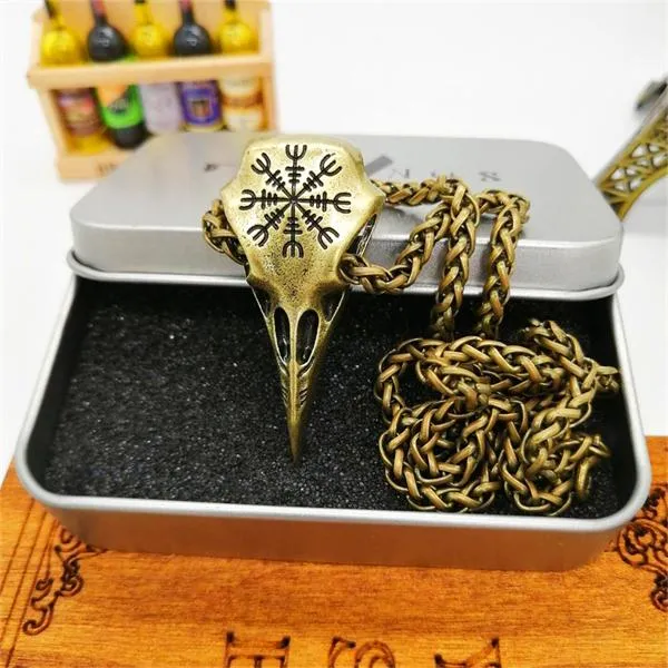 Metal Viking Helm of Awe Raven skull Pendant Necklace