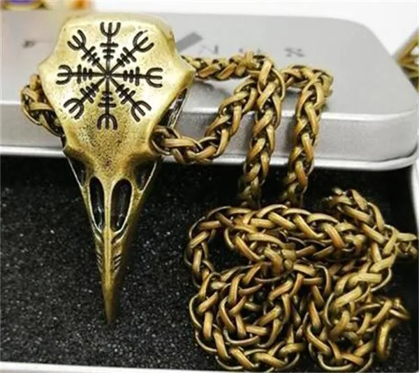 Metal Viking Helm of Awe Raven skull Pendant Necklace