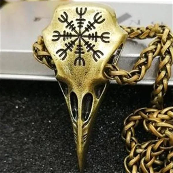 Metal Viking Helm of Awe Raven skull Pendant Necklace