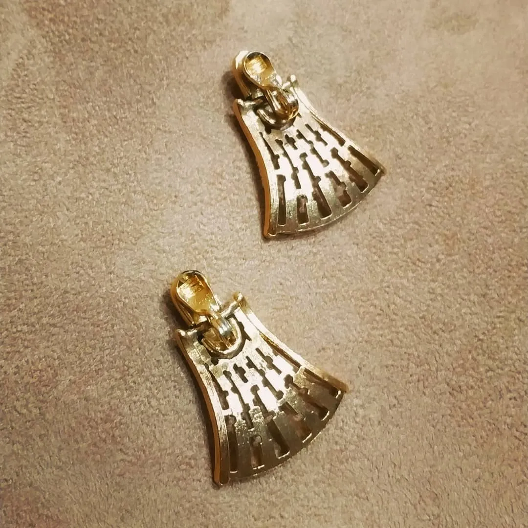 Monet Vintage Fan Drop Gold Clip On Earrings