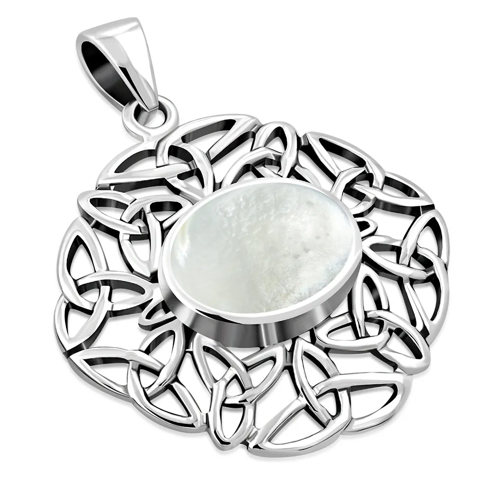 Mother Of Pearl Shell Oval Celtic Knot Silver Pendant