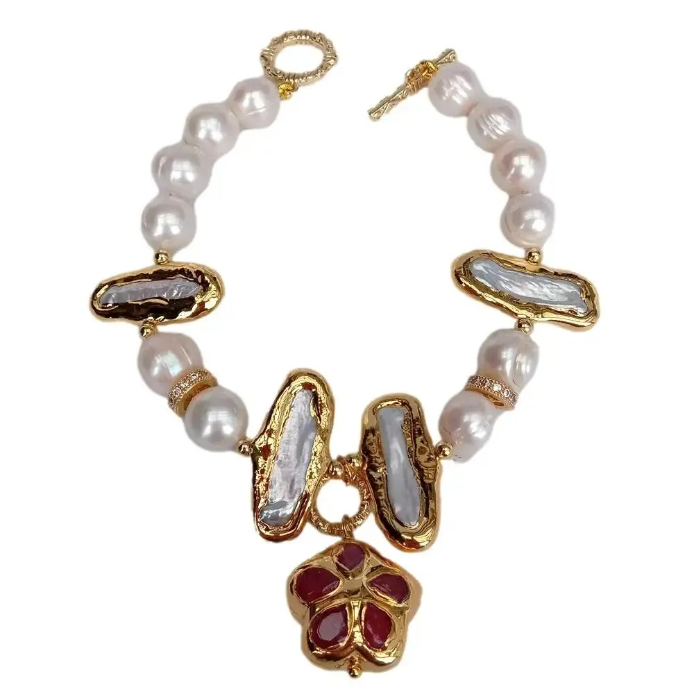 Natural Biwa Pearl & Red Jade Bracelet