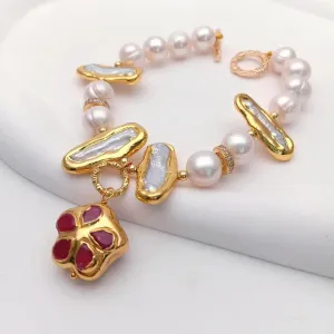 Natural Biwa Pearl & Red Jade Bracelet