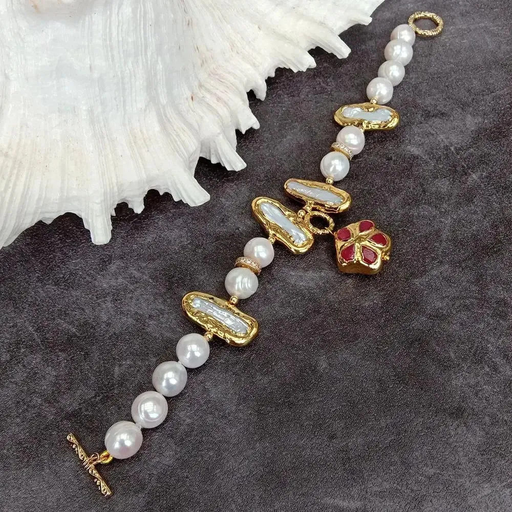 Natural Biwa Pearl & Red Jade Bracelet