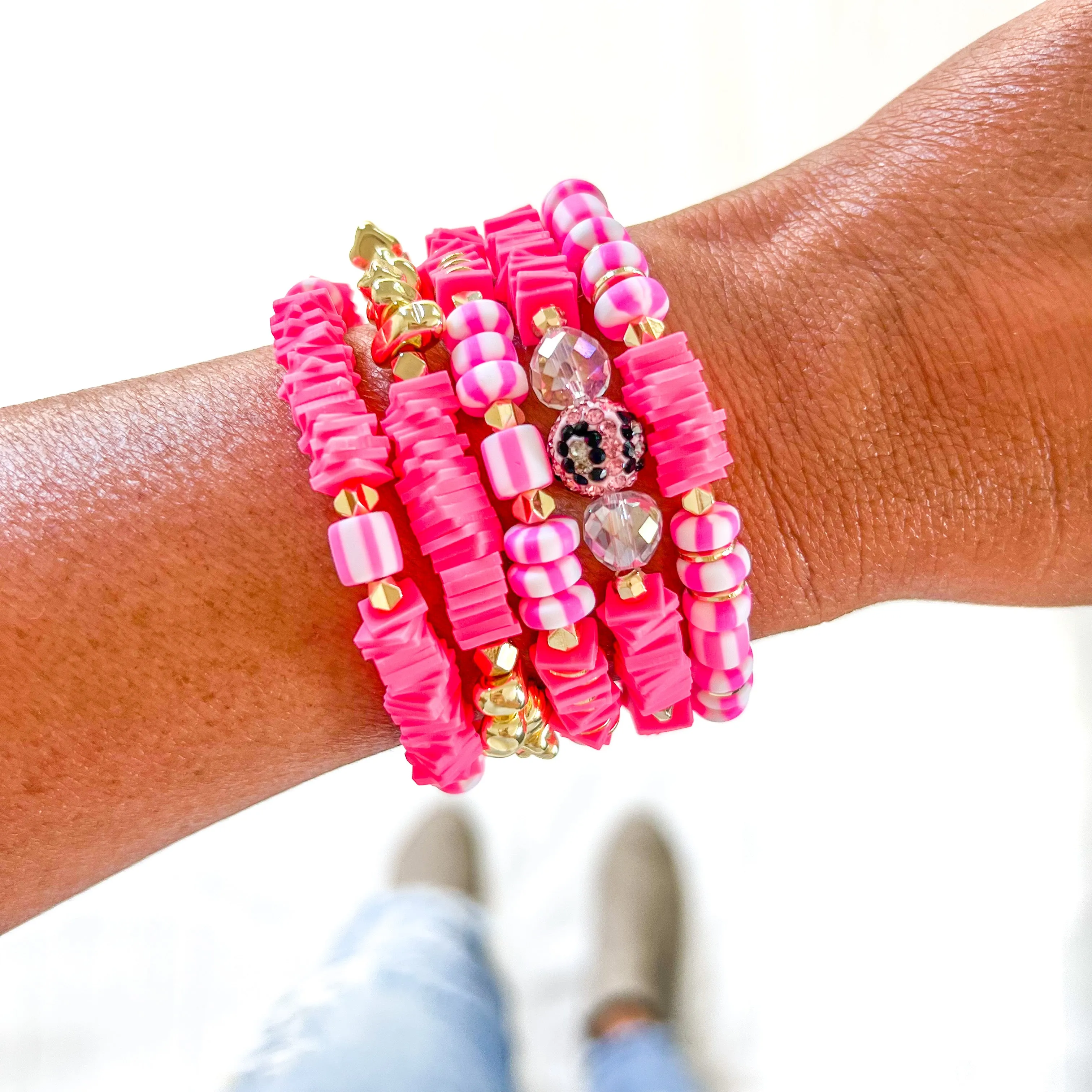 Neon Pink Leopard Chunky Heishi Bracelet Stack