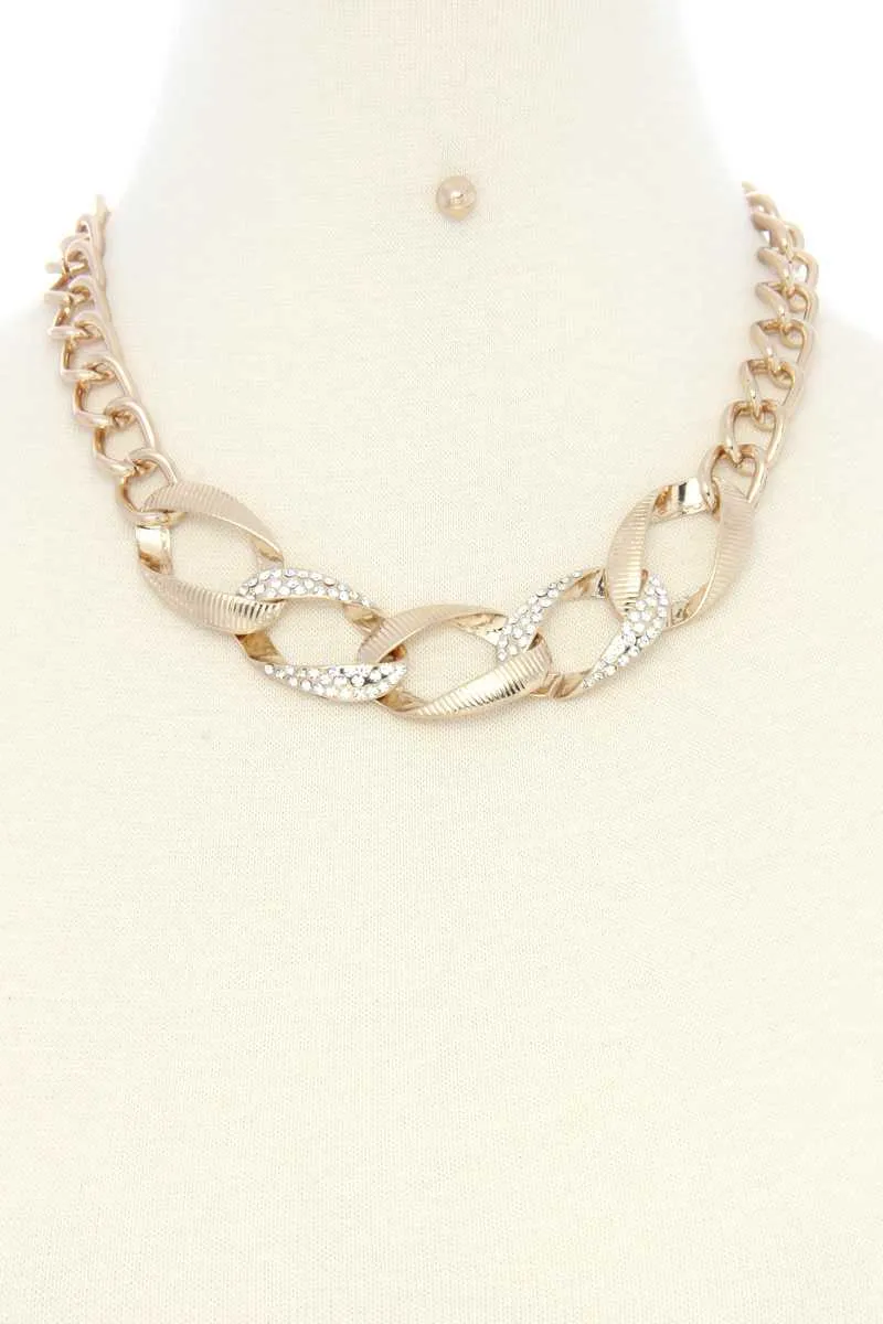 Oval Link Rhinestone Metal Necklace