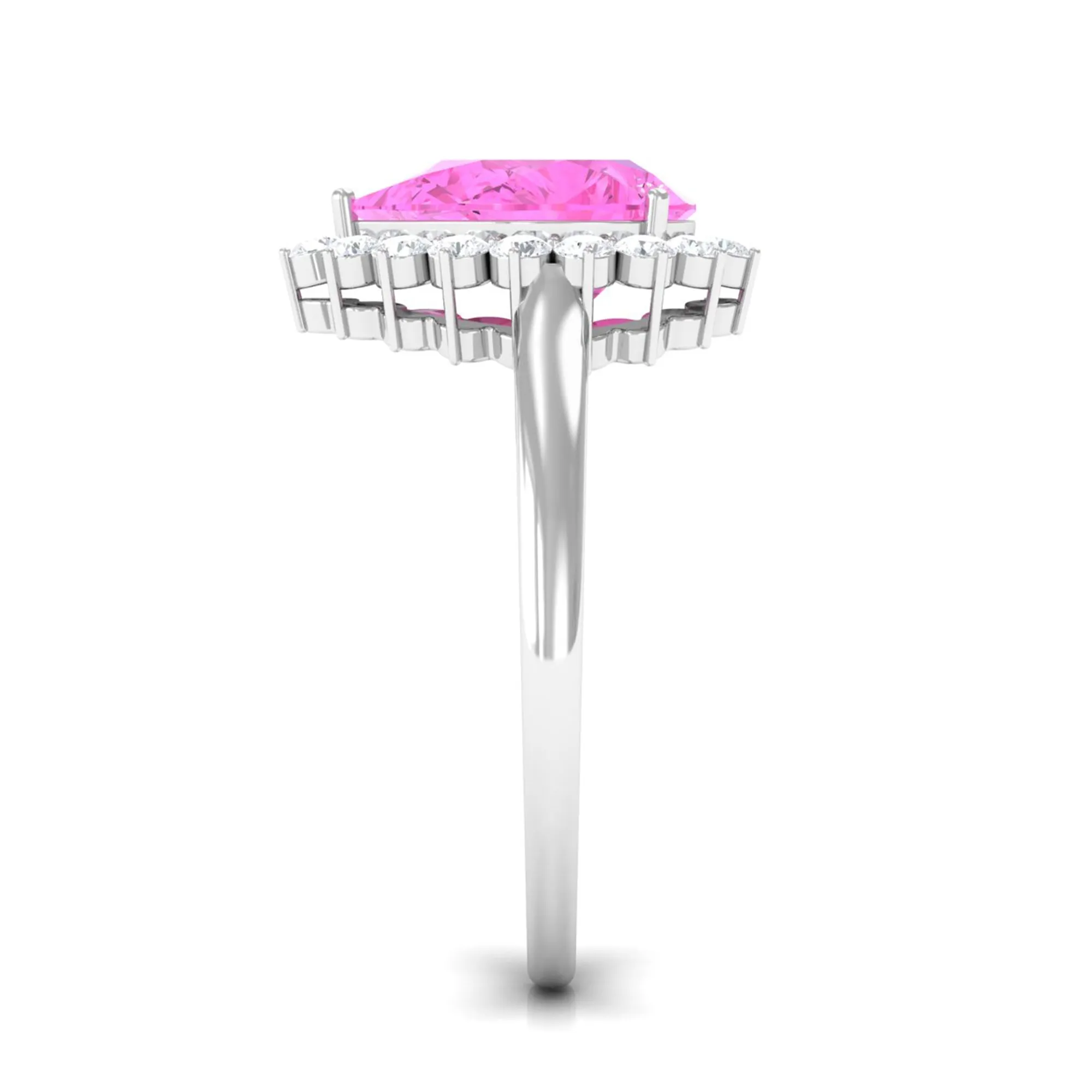 Pear Created Pink Sapphire and Diamond Halo Engagement Ring
