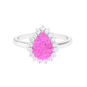 Pear Created Pink Sapphire and Diamond Halo Engagement Ring