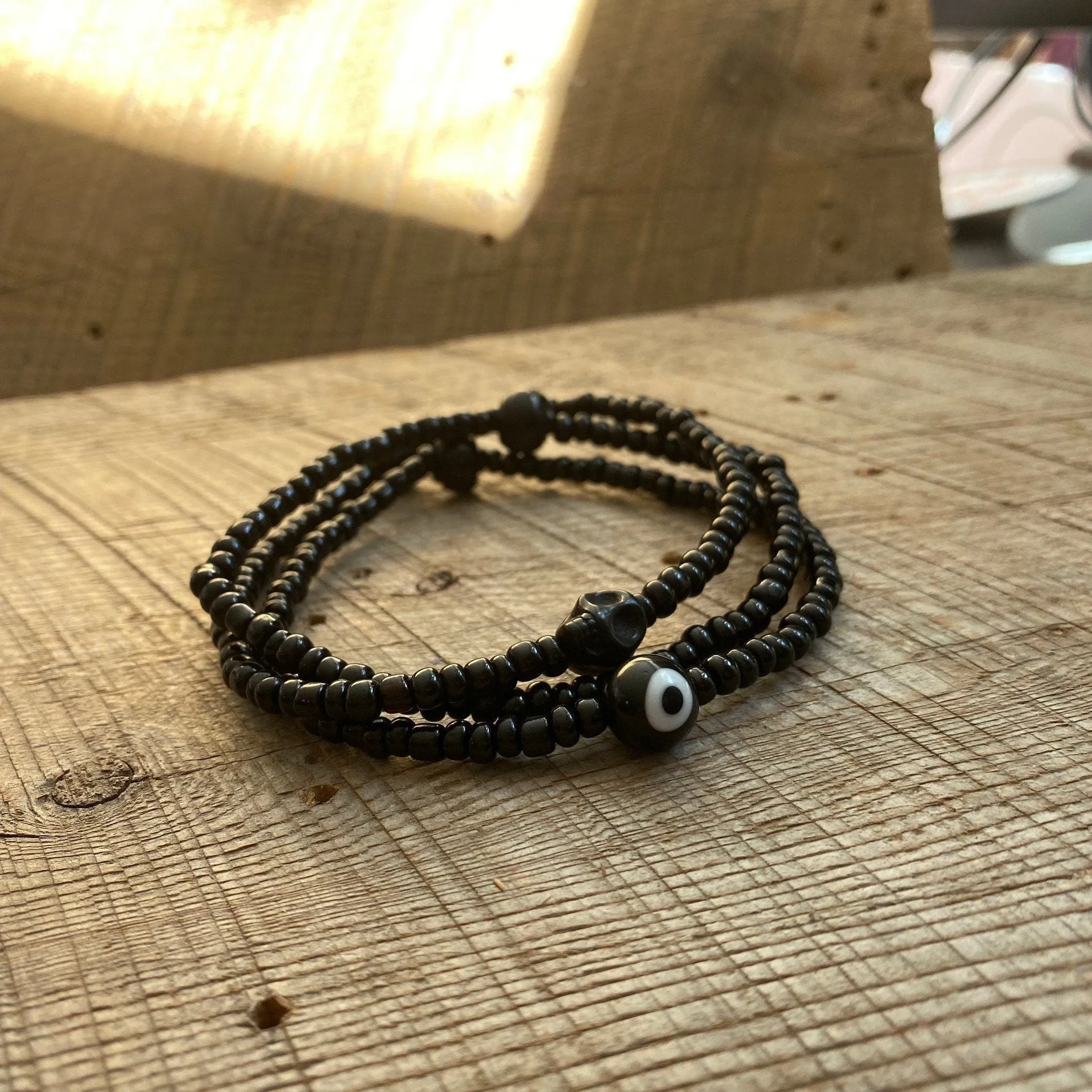 SariBlue® Black Evil Eye and Skull Monochrome Bracelet Stack