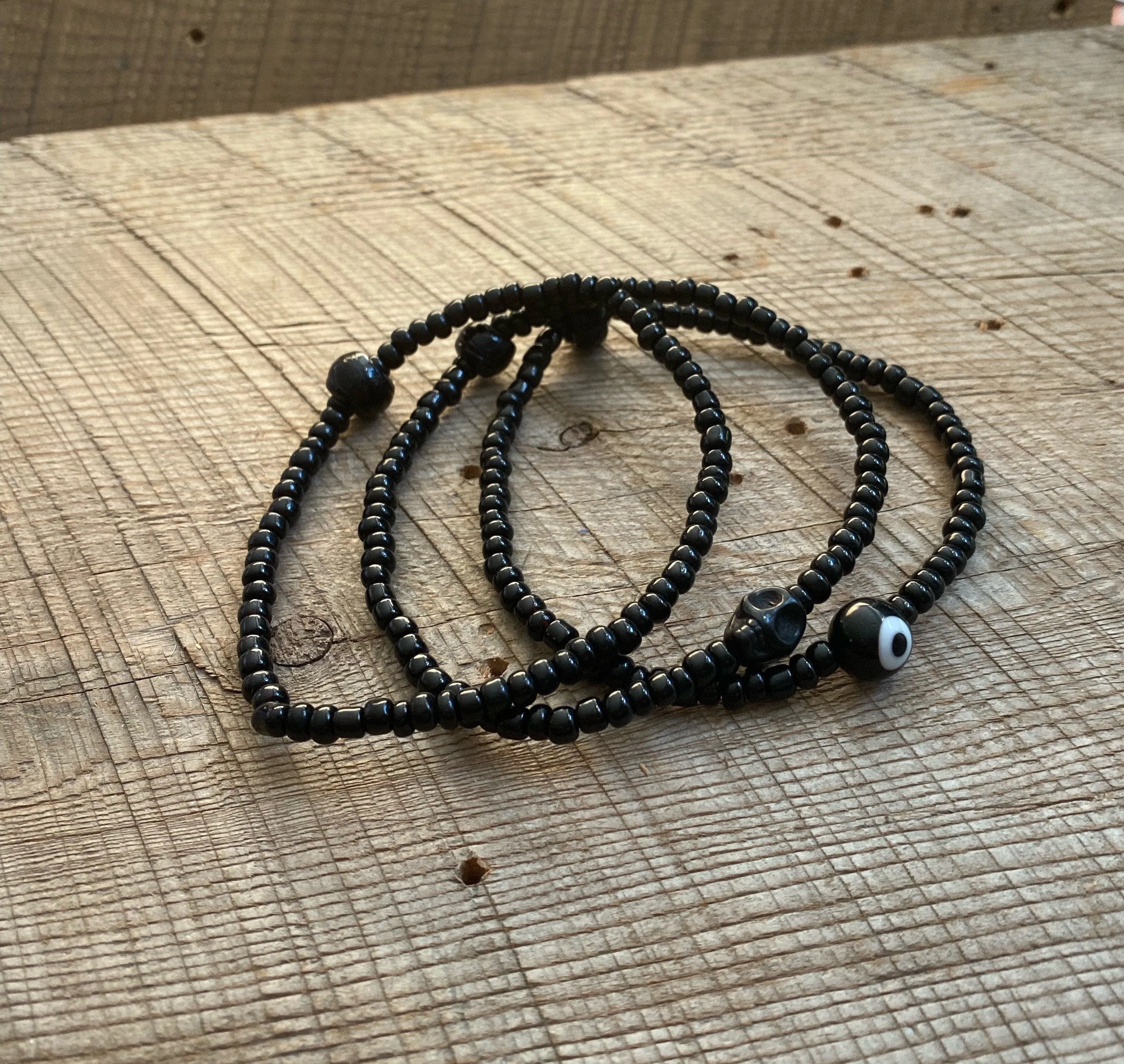 SariBlue® Black Evil Eye and Skull Monochrome Bracelet Stack