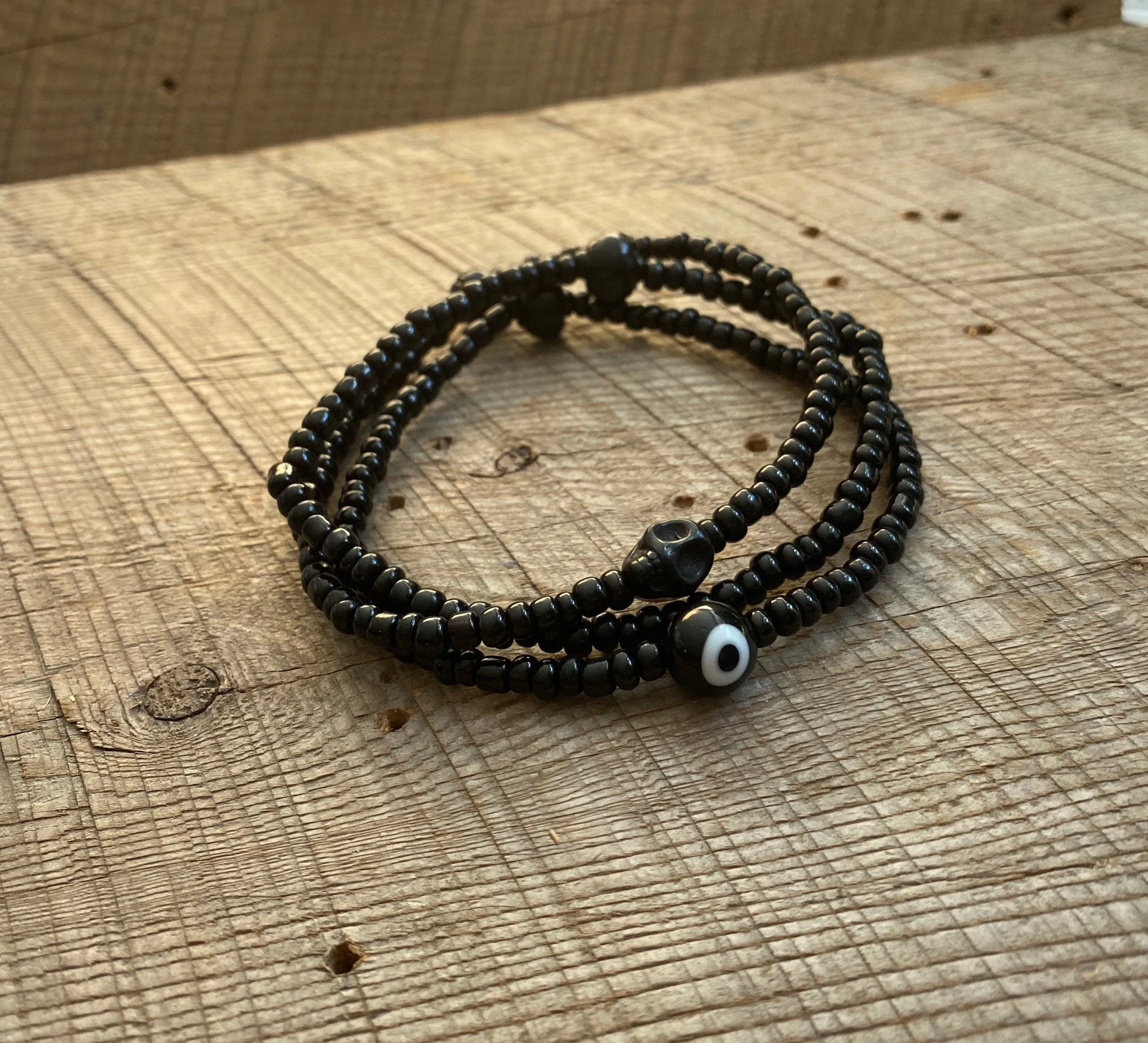 SariBlue® Black Evil Eye and Skull Monochrome Bracelet Stack