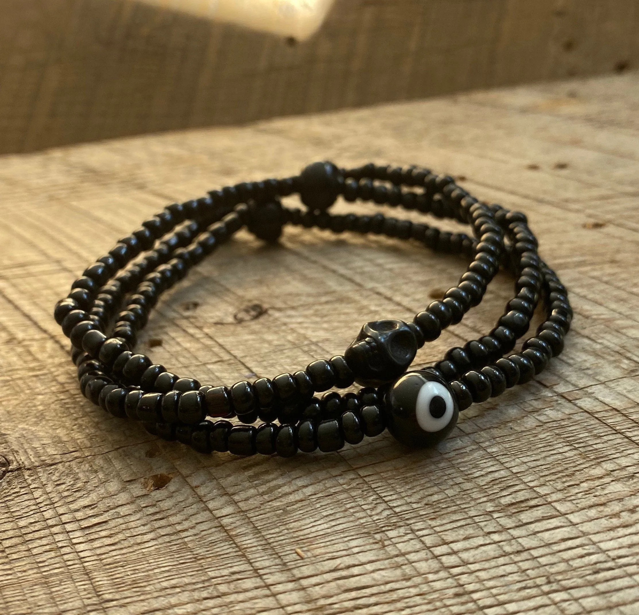 SariBlue® Black Evil Eye and Skull Monochrome Bracelet Stack