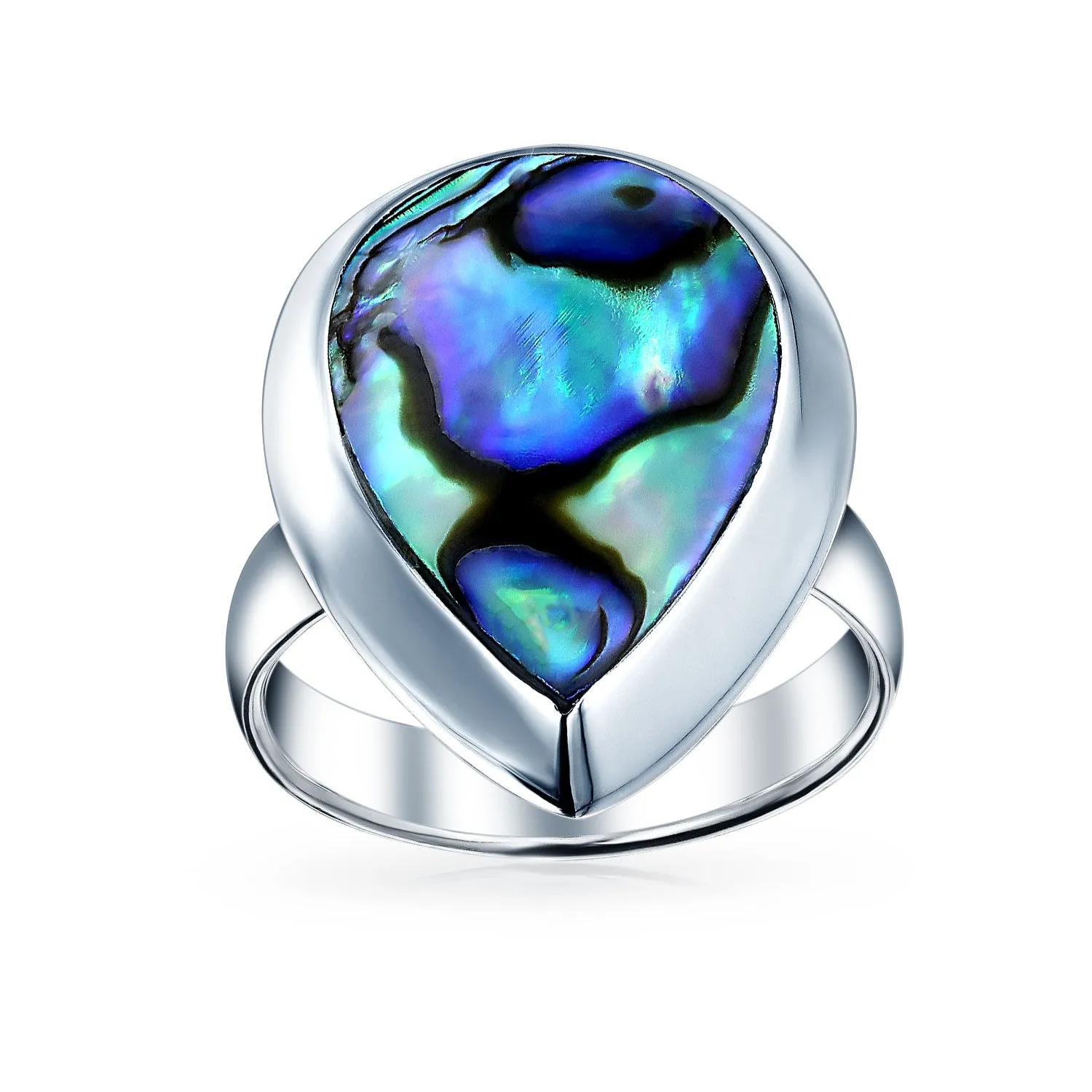 Silver Ring with Teardrop Bezel Rainbow Shell Abalone Boho Fashion Statement