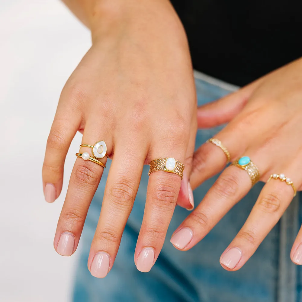 Solid Gold Opal and Mother of Pearl Organic Teardrop Ring
