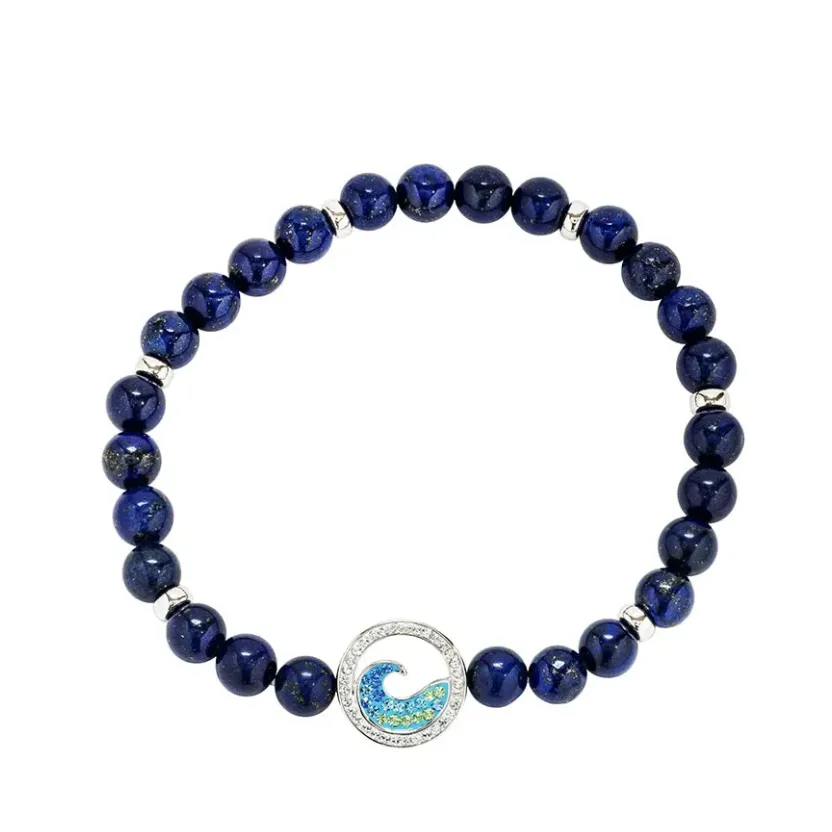 Sterling Silver Wave Lapis Stretchy Bracelet