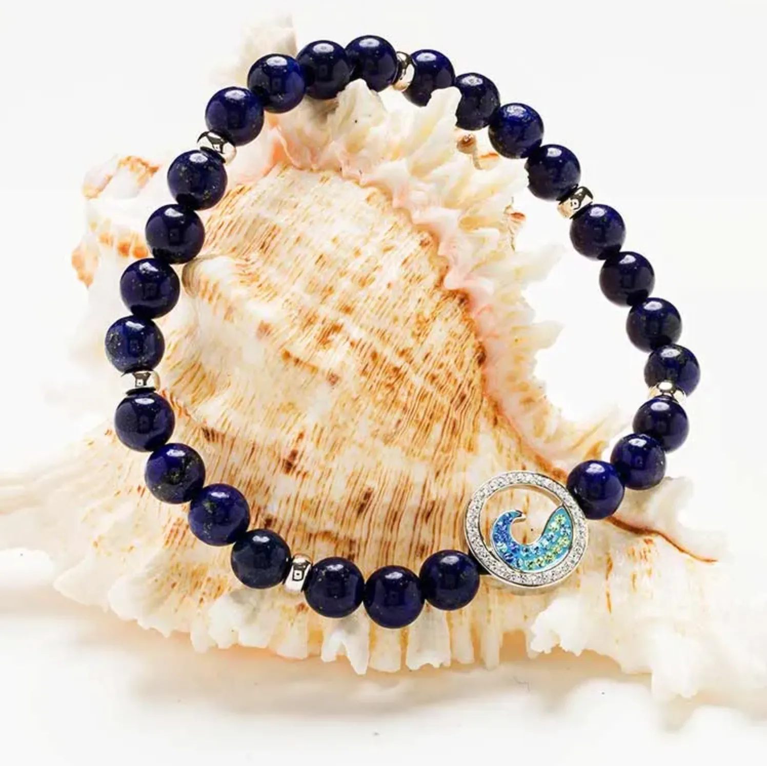 Sterling Silver Wave Lapis Stretchy Bracelet