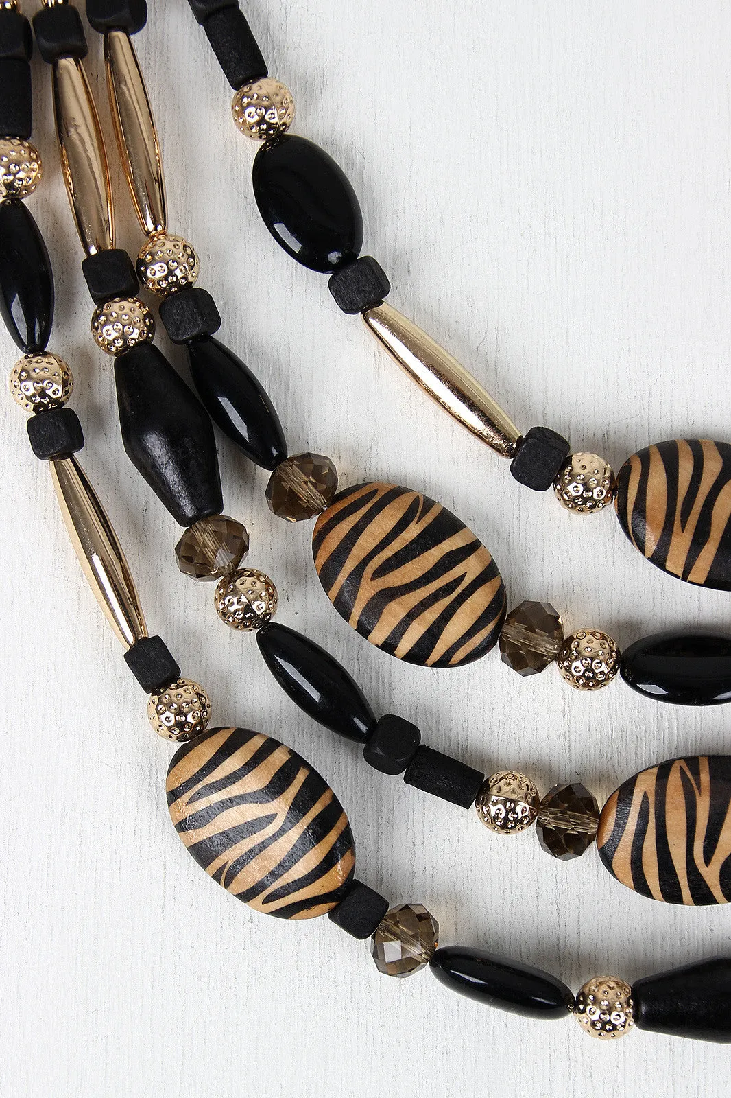 Tiered Zebra Wood Beads Necklace