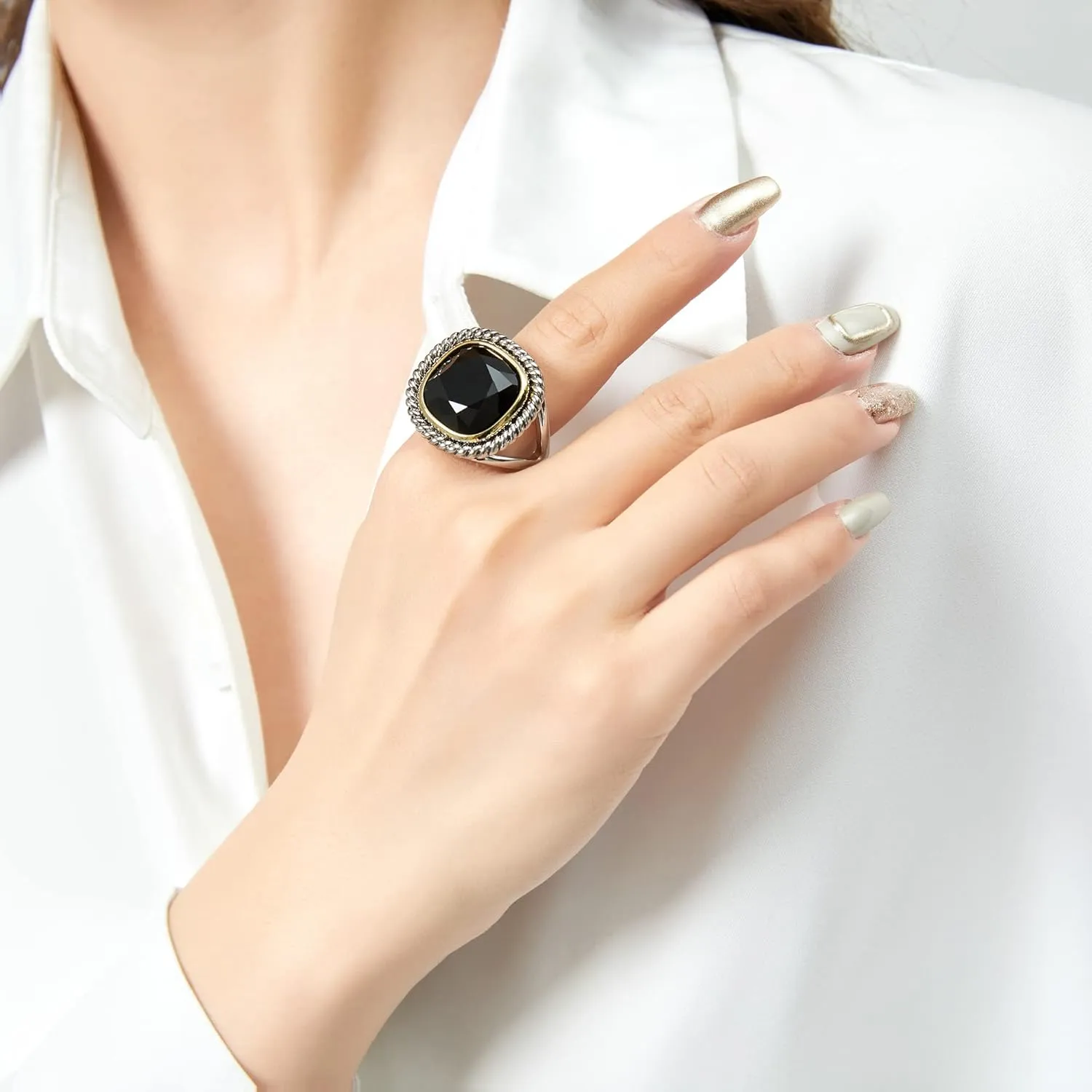 Twisted Cable Wire Rings for Women Gold and Silver Ring Black Zirconia Vintage Gold and Silver Ring Antique Gift