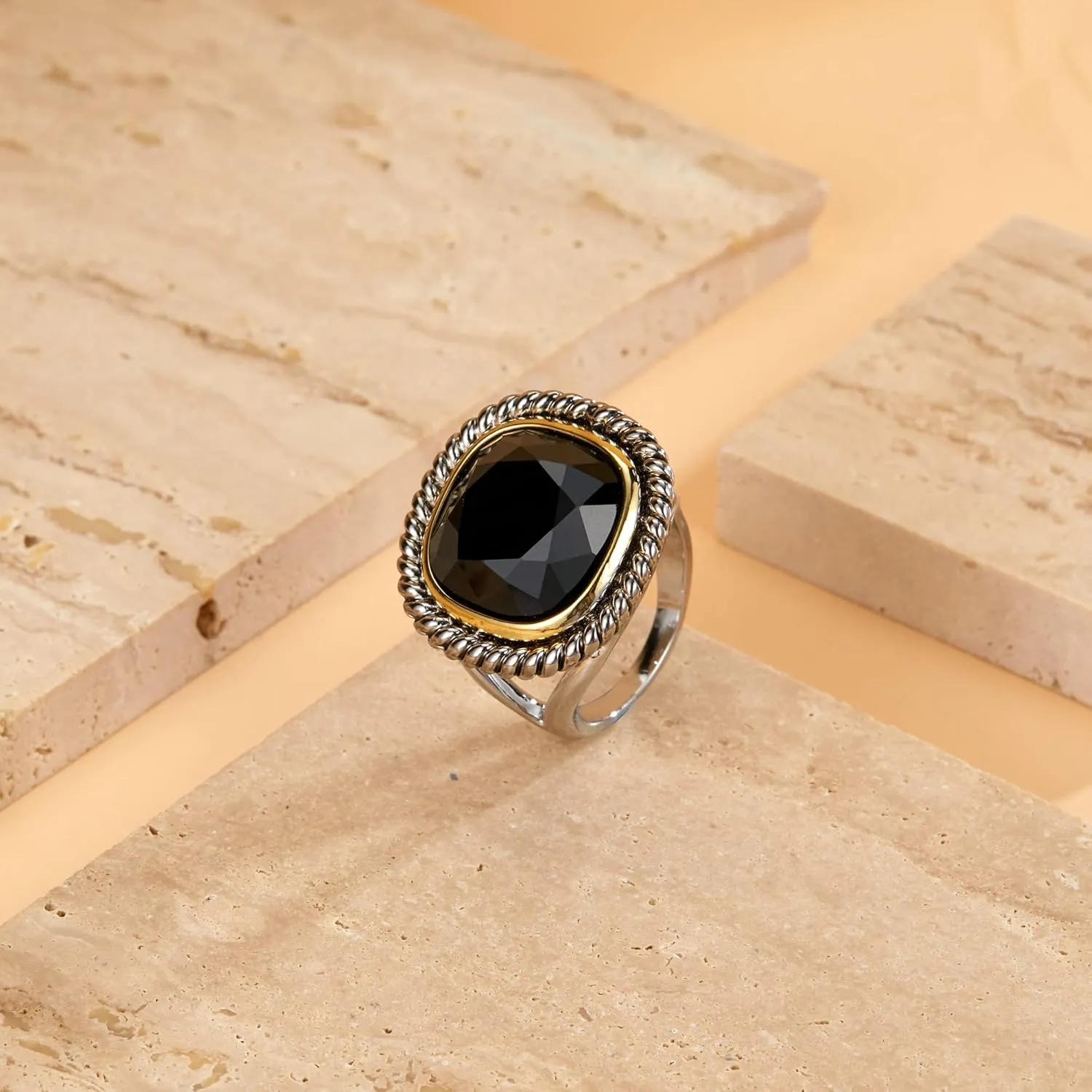 Twisted Cable Wire Rings for Women Gold and Silver Ring Black Zirconia Vintage Gold and Silver Ring Antique Gift